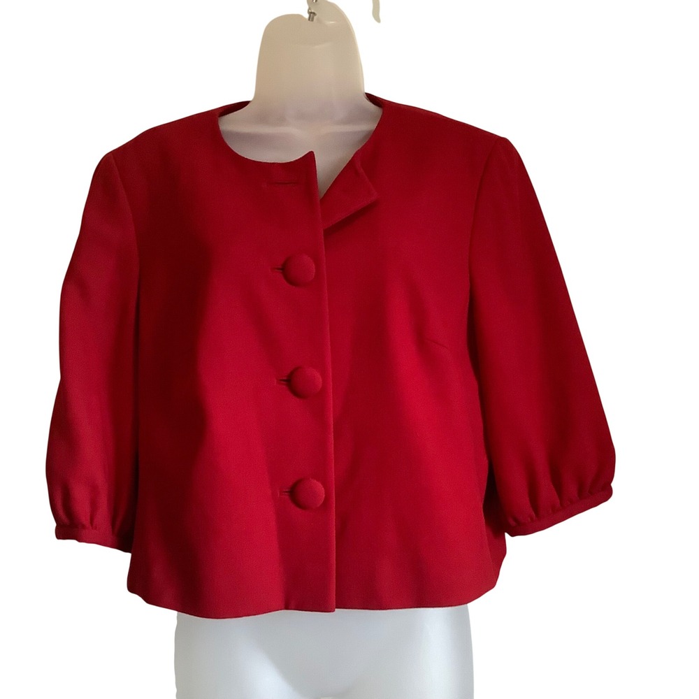 Talbots Red 100% Wool Cropped Jacket 3/4 Puff Sleeve Blazer Womens Size 12